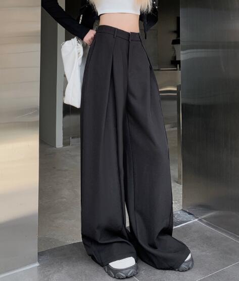 レディース ハイウェスト タックワイドパンツ グレー