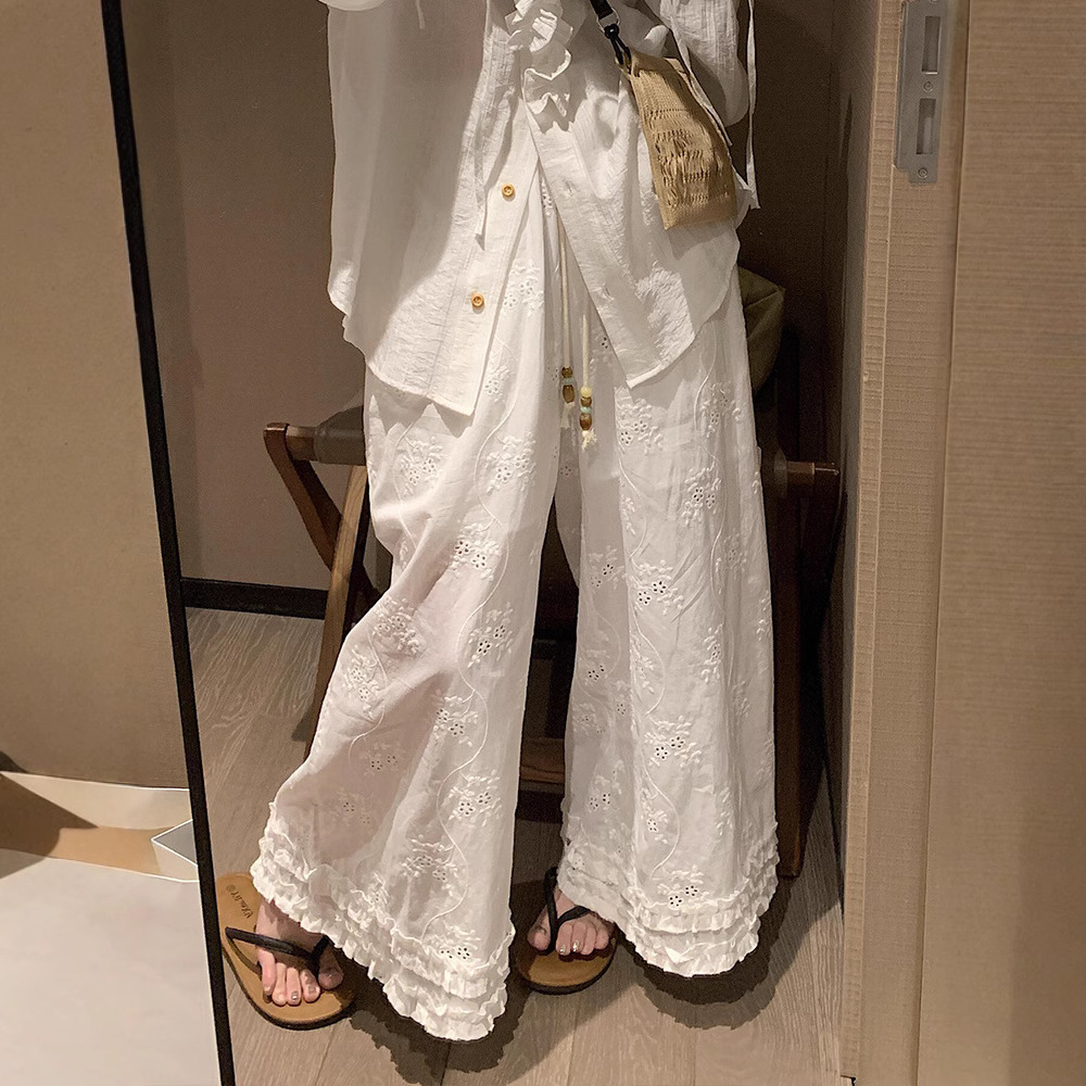 ワイドタックパンツ 花刺繍フリルタックワイドパンツ