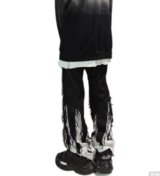 ワイドタックパンツ 黒白切替 ワイドパンツ フリンジ加工 暗黒系
