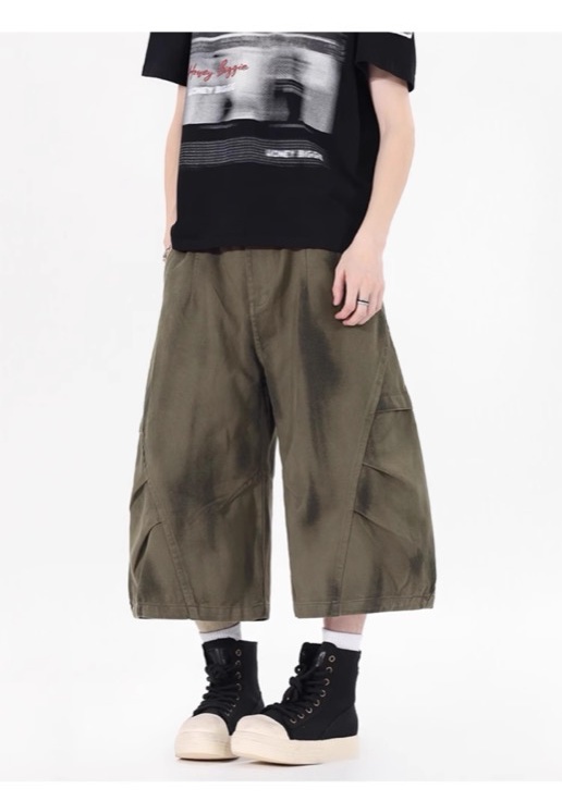 ワイドタックパンツ デニム風 ワイド カーゴパンツ 7分丈 メンズ