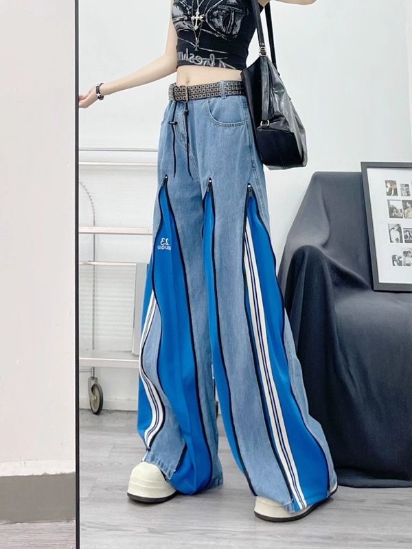 ワイドタックパンツ バイカラーデニムワイドパンツ レディース