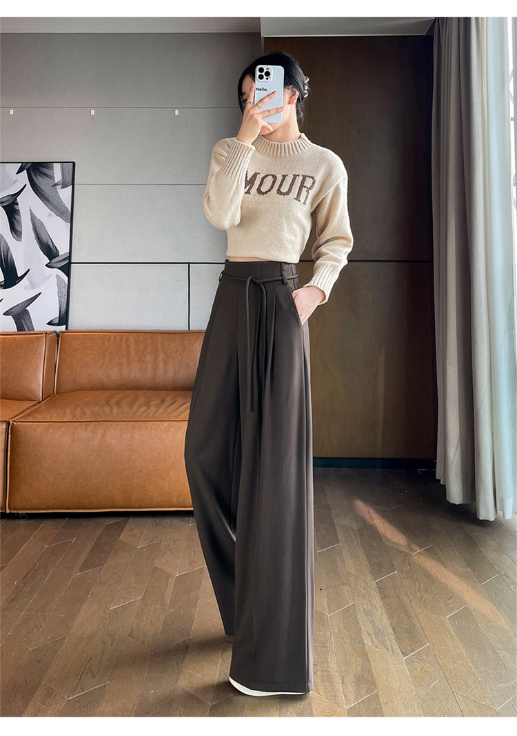 レディース ウールタッチ タックワイドパンツ ハイウエスト グレー