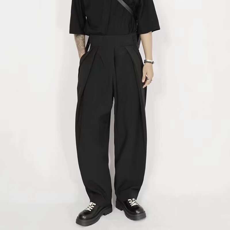ワイドタックパンツ 黒のゆったりサルエル袴パンツ メンズ