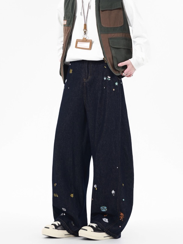 ワイドタックパンツ ワンポイント刺繍入り ワイドデニムパンツ