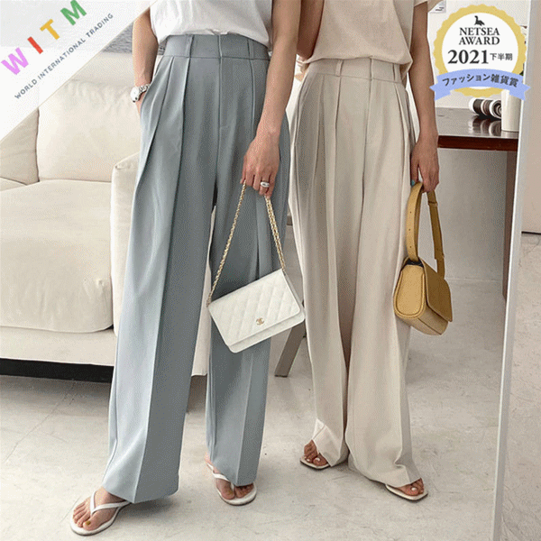 春夏新作 ワイドタックパンツ ハイウエスト 着痩せ レディース