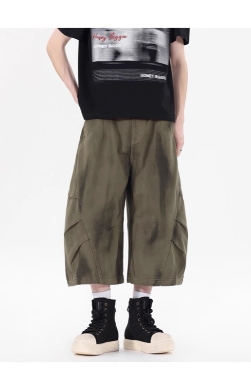 ワイドタックパンツ デニム風 ワイド カーゴパンツ 7分丈 メンズ