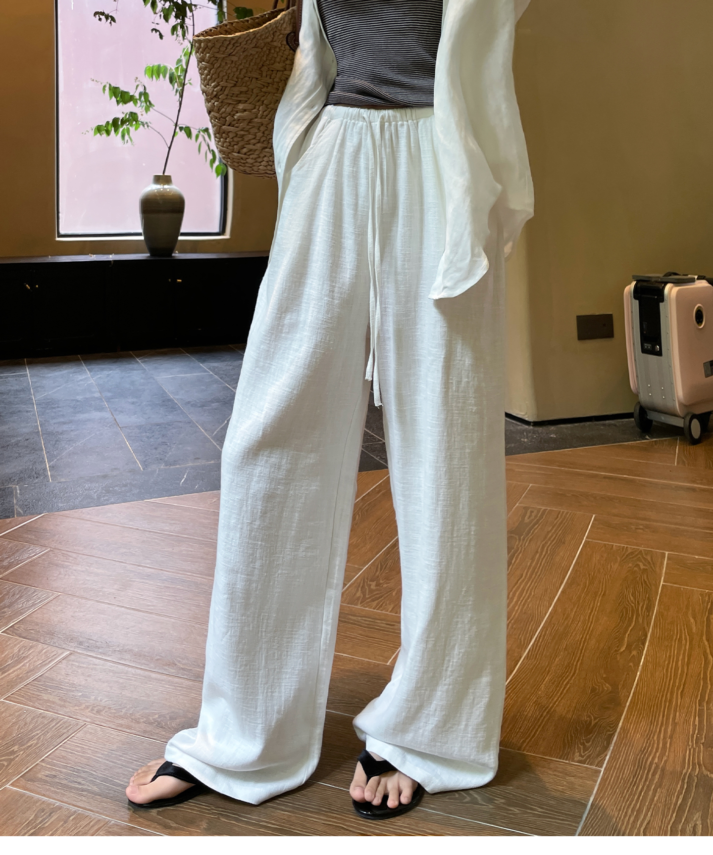 ワイドタックパンツ リネン風ゆったりタックパンツ
