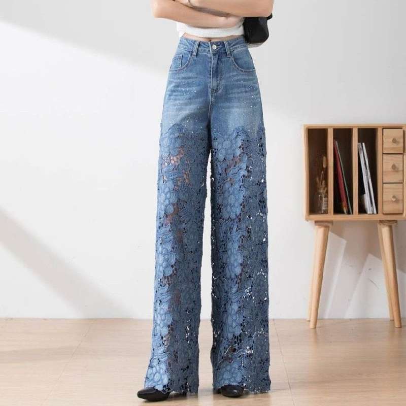 ワイドタックパンツ レース調透かしデニムワイドパンツ