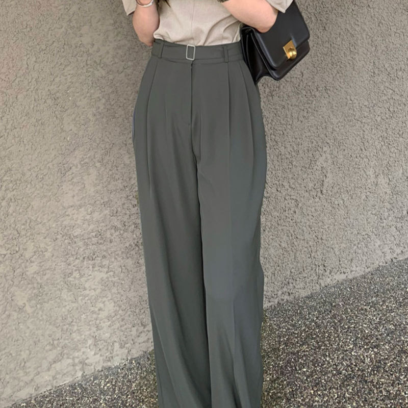 ハイウエストタックワイドパンツ レディース着痩せロング丈 グレー