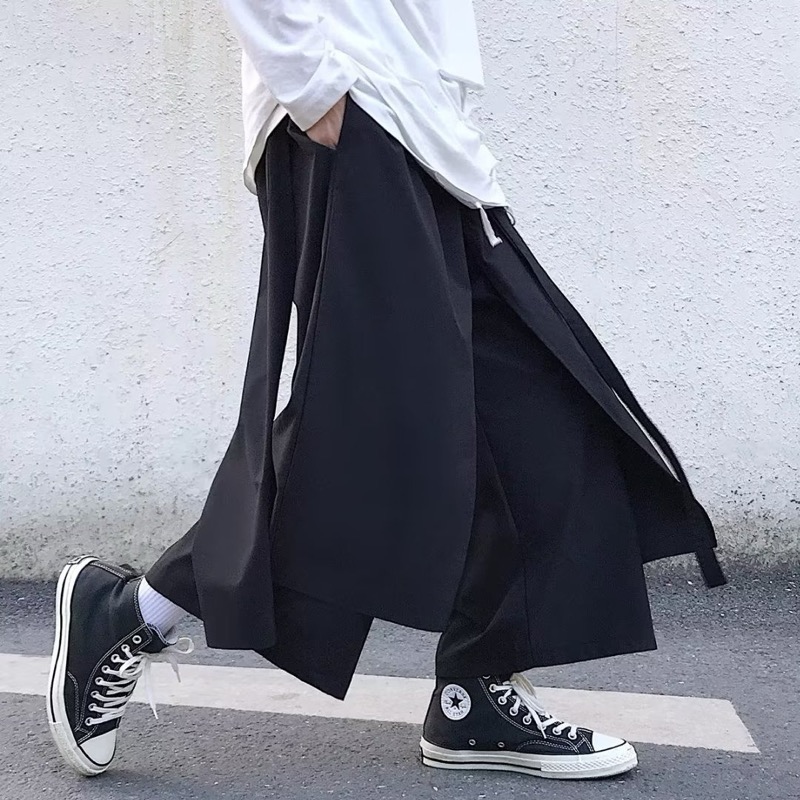 ワイドタックパンツ 黒 和風ワイドパンツ 袴風デザイン 7分丈