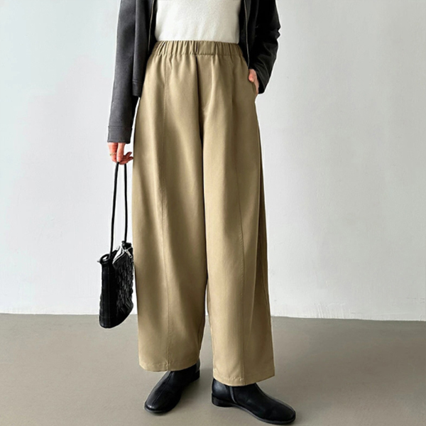2025新作 レディース バレルパンツ タックワイドパンツ ウエストゴム ベージュ