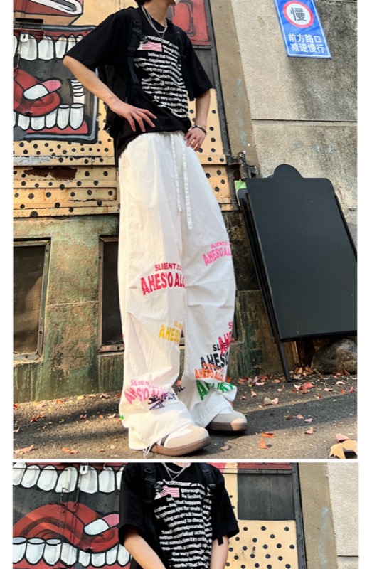 ワイドタックパンツ 白トップスに映える プリント入りワイドパンツ 薄手速乾