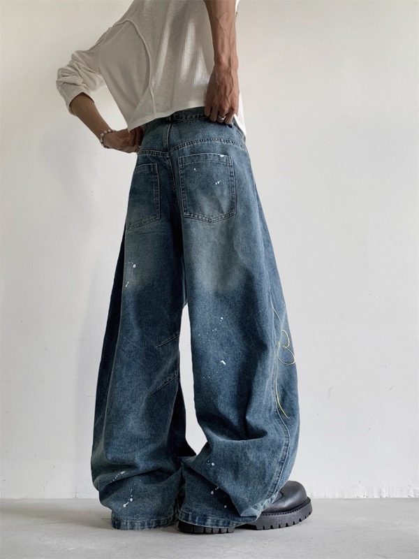 ワイドタックパンツ アート刺繍入り ワイドデニム ジーンズ メンズ