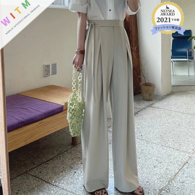 ハイウエストワイドタックパンツ ロング丈着痩せレディース