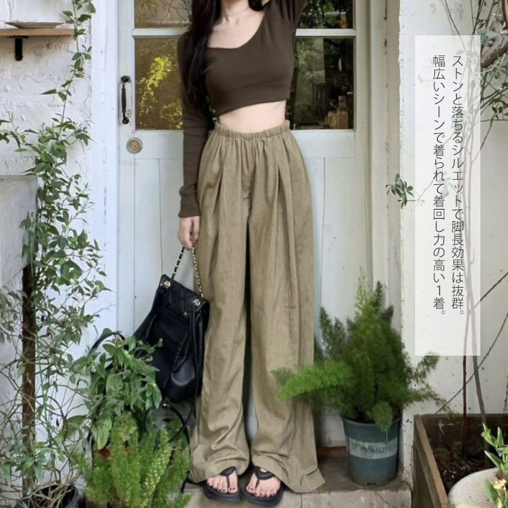 女性用ゆったりタックワイドパンツ楽々着用 グレー