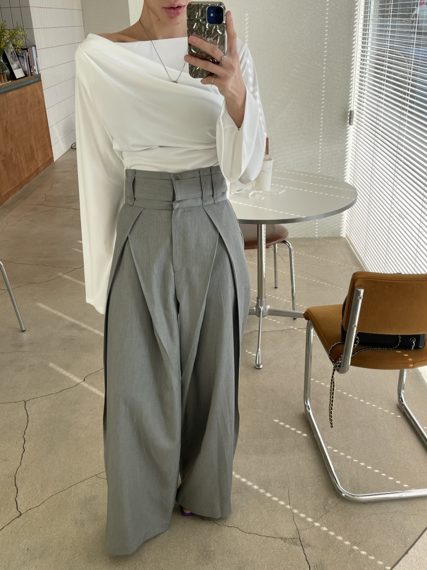 ハイウエスト タックワイドパンツ レディース 秋冬 上品 きれいめ グレー