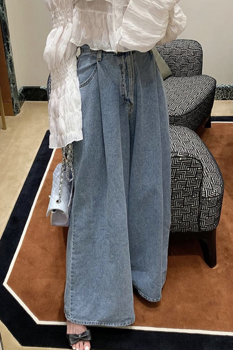 タックワイドパンツ ハイウエストポケット付きデニムパンツ