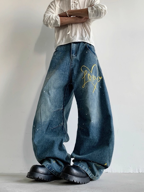 ワイドタックパンツ アート刺繍入り ワイドデニム ジーンズ メンズ