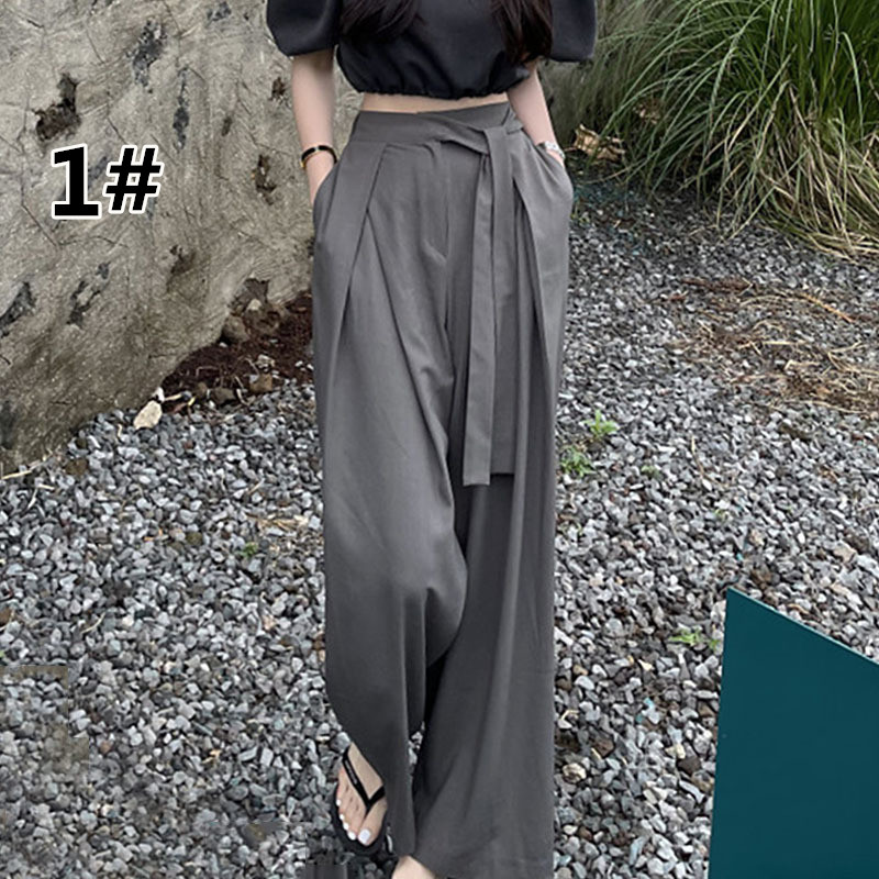 レディース タックワイドパンツ ハイウエスト リボン付き グレー