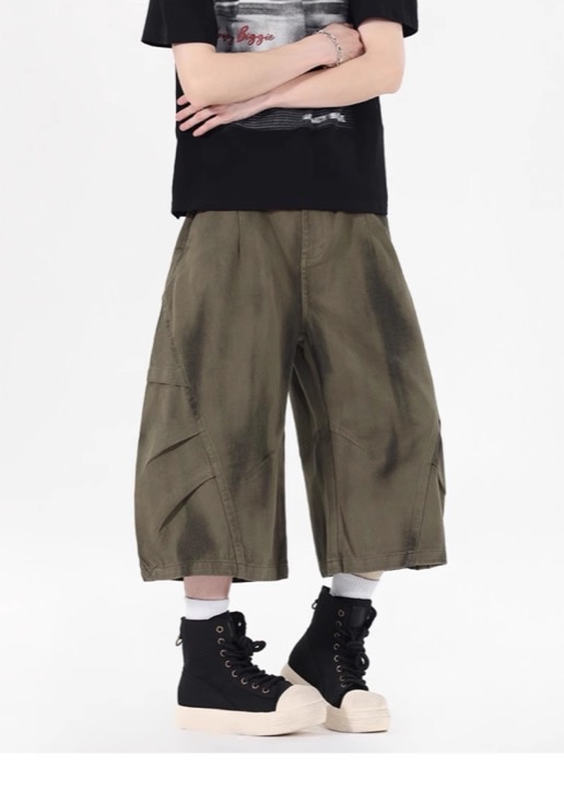 ワイドタックパンツ デニム風 ワイド カーゴパンツ 7分丈 メンズ