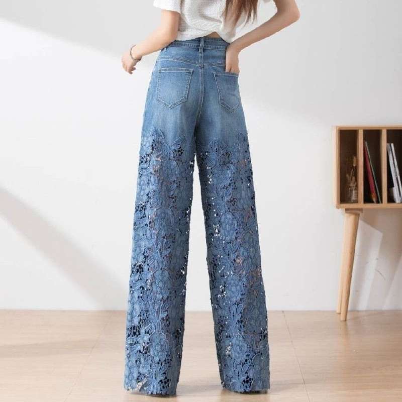 ワイドタックパンツ レース調透かしデニムワイドパンツ