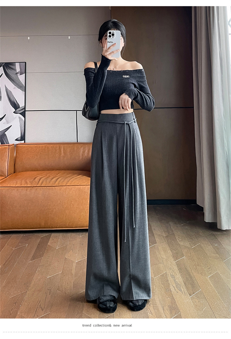 レディース ウールタッチ タックワイドパンツ ハイウエスト グレー