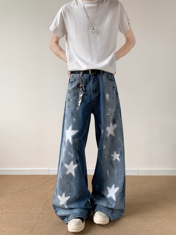 ワイドタックパンツ 星柄デザイン ワイドデニム ダメージ加工 メンズジーンズ