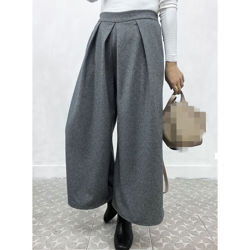 レディース タックワイドパンツ ハイウエスト 体型カバー グレー