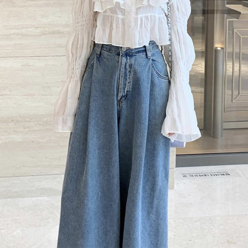 タックワイドパンツ ハイウエストポケット付きデニムパンツ