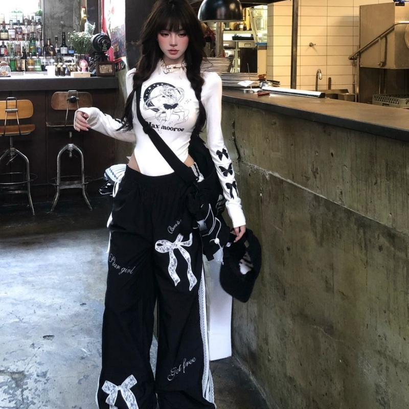 ワイドタックパンツ リボン飾り ワイドデニム ストレートパンツ レディース