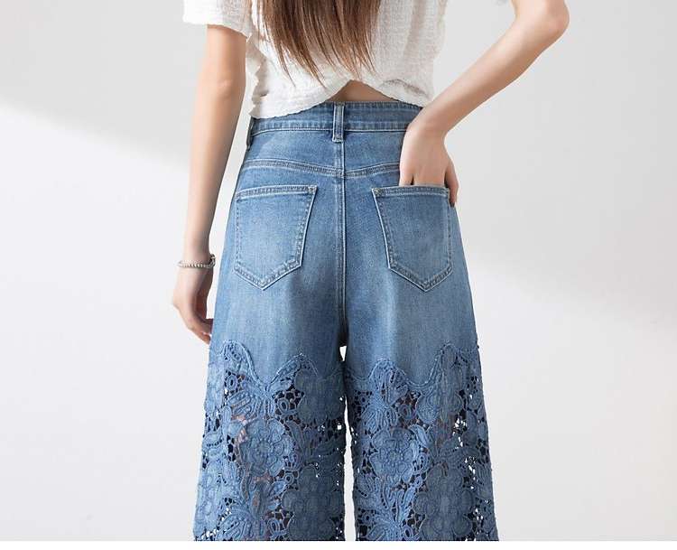 ワイドタックパンツ レース調透かしデニムワイドパンツ