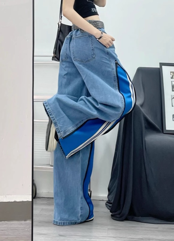 ワイドタックパンツ バイカラーデニムワイドパンツ レディース