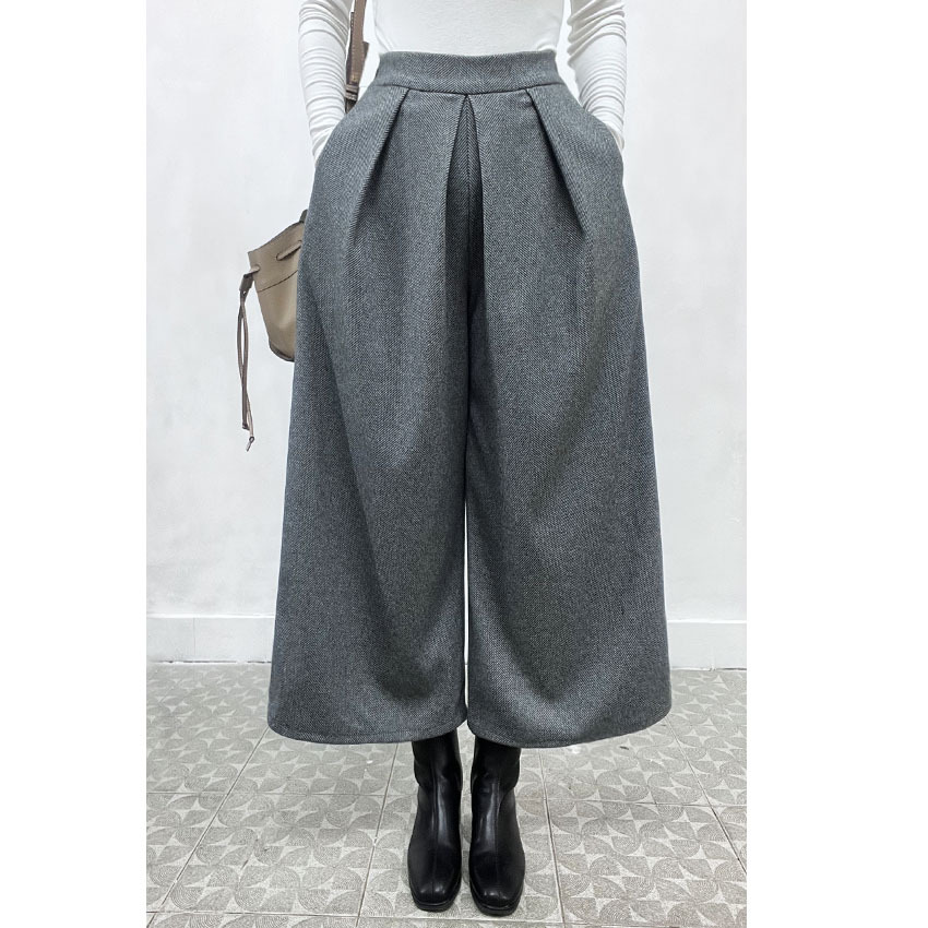 レディース タックワイドパンツ ハイウエスト 体型カバー グレー