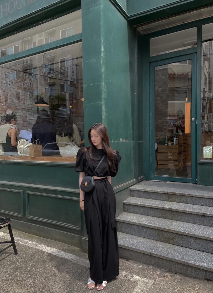 ハイウエスト ワイドタックパンツ ウエストひも ゆったりストレート