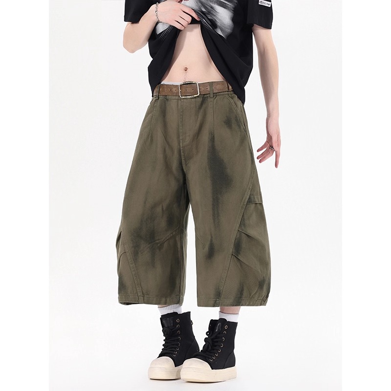 ワイドタックパンツ デニム風 ワイド カーゴパンツ 7分丈 メンズ