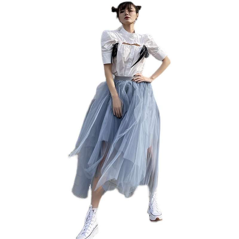 チュールスカート ふんわりティアードチュールロングスカート