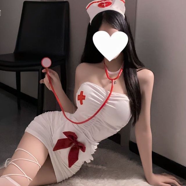 エロコスプレ 胸元十字刺繍リボン飾り艶やかナース衣装セット