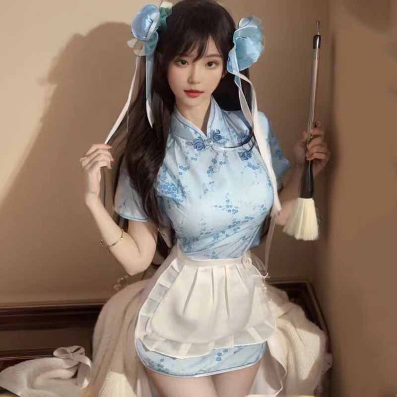 エロコスプレ 花柄メイドチャイナドレス エプロン付きセット