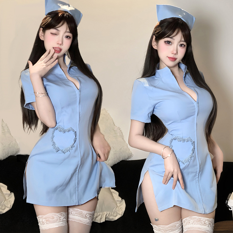 エロコスプレ 胸元大胆開きハートポケット付きナース衣装セット