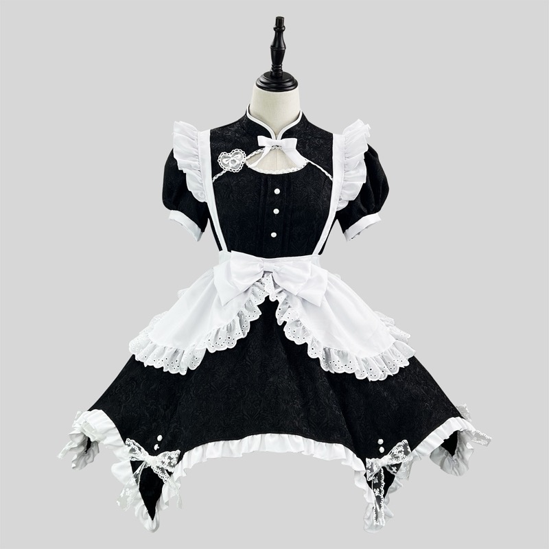 エロコスプレ 黒白フリル付きメイド服コスプレ衣装セット