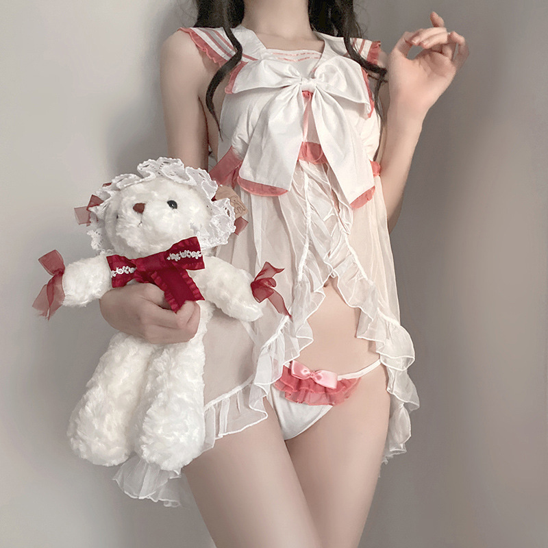 エロコスプレ 透け感セーラー風フリルミニワンピース制服セット