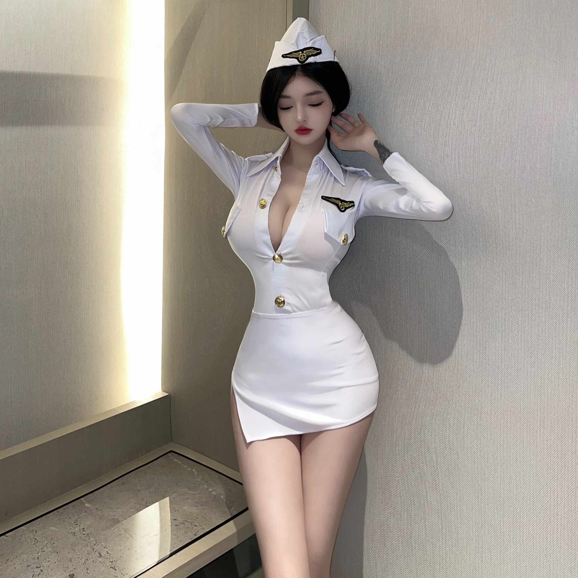 エロコスプレ 誘惑の客室乗務員風制服ミニワンピースセット