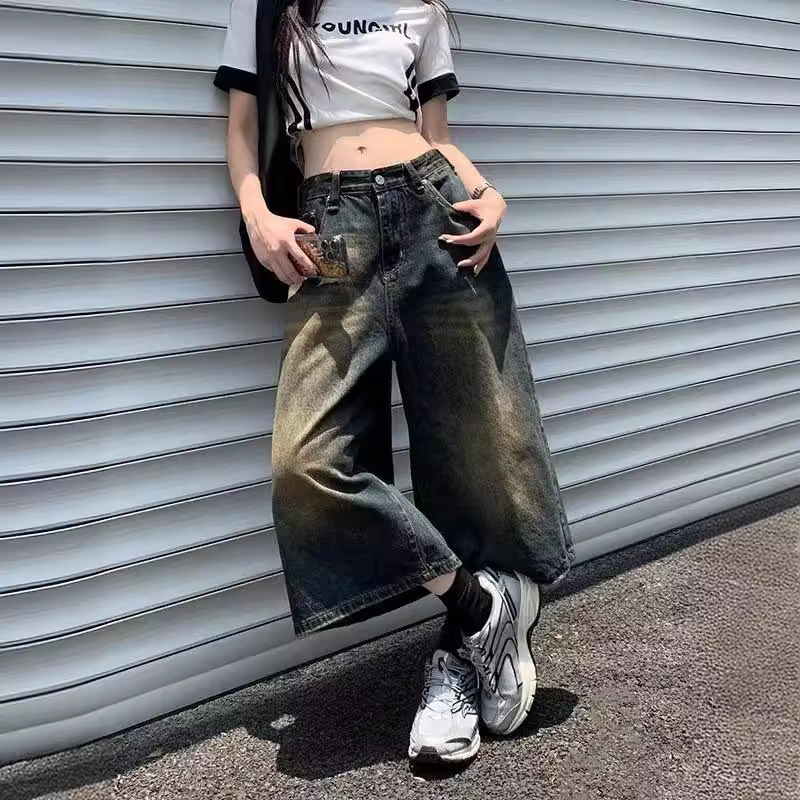 ジェンダーレスファッション ストリート系ワイドデニムパンツ