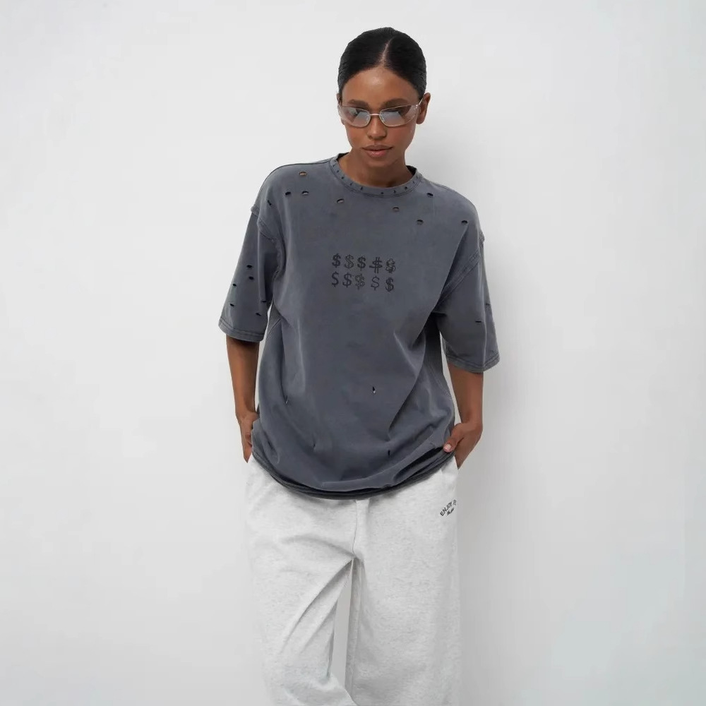 ジェンダーレスファッション ダメージ加工 ドル記号 ジェンダーレス Tシャツ