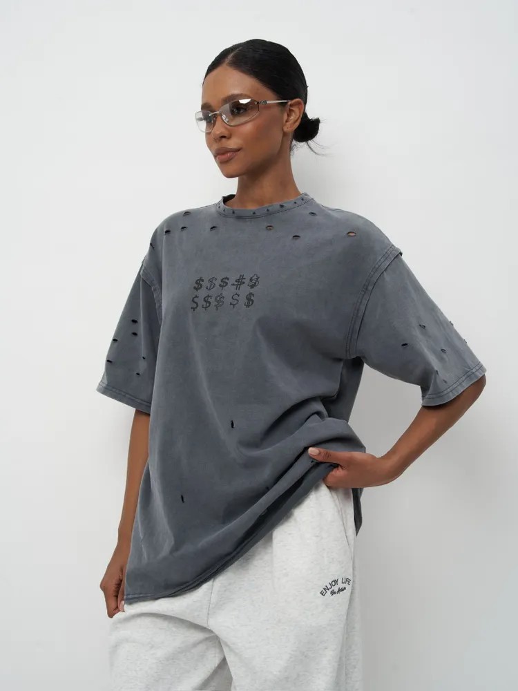 ジェンダーレスファッション ダメージ加工 ドル記号 ジェンダーレス Tシャツ