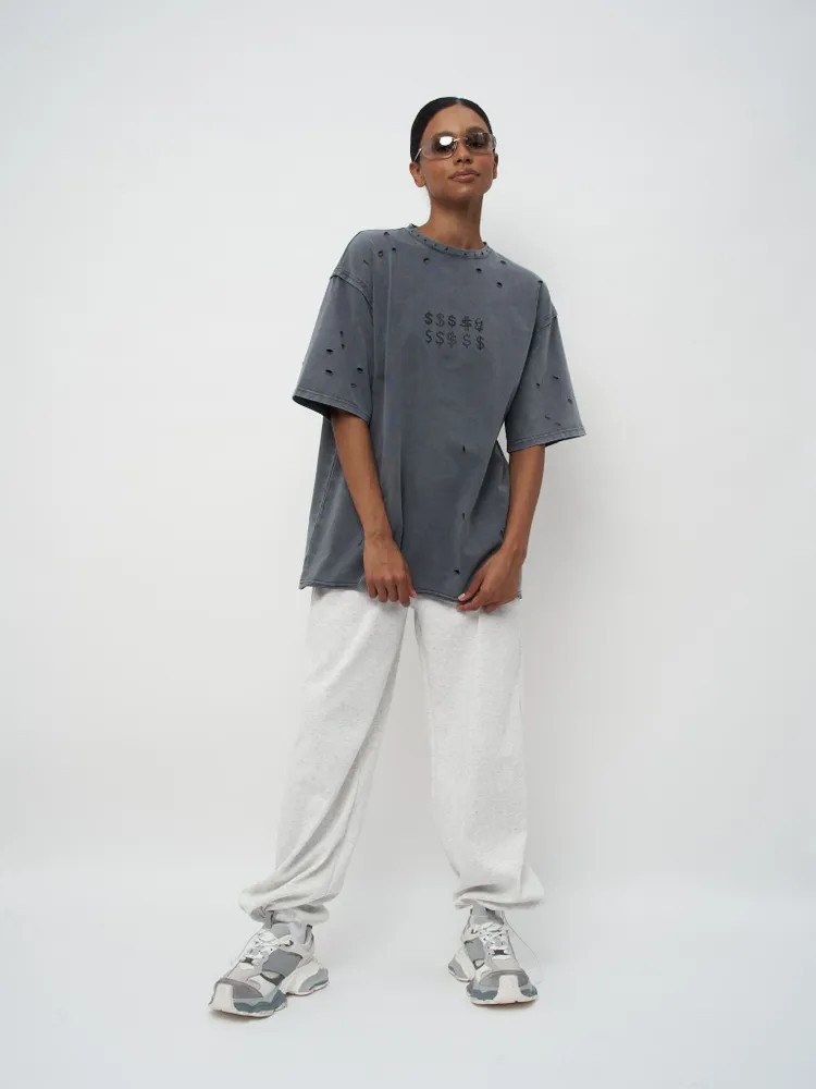 ジェンダーレスファッション ダメージ加工 ドル記号 ジェンダーレス Tシャツ