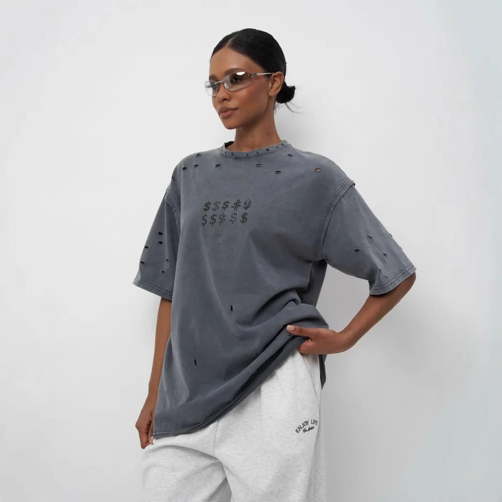 ジェンダーレスファッション ダメージ加工 ドル記号 ジェンダーレス Tシャツ