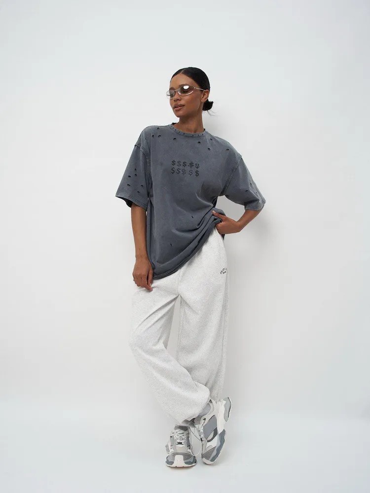 ジェンダーレスファッション ダメージ加工 ドル記号 ジェンダーレス Tシャツ