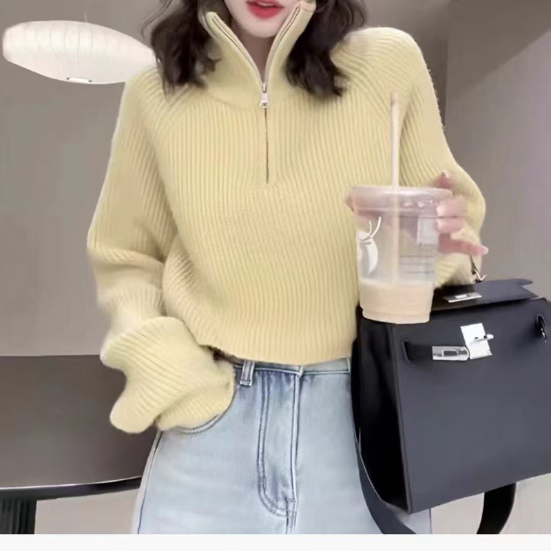 ジェンダーレスファッション ゆったりリブ編みハーフジップニット