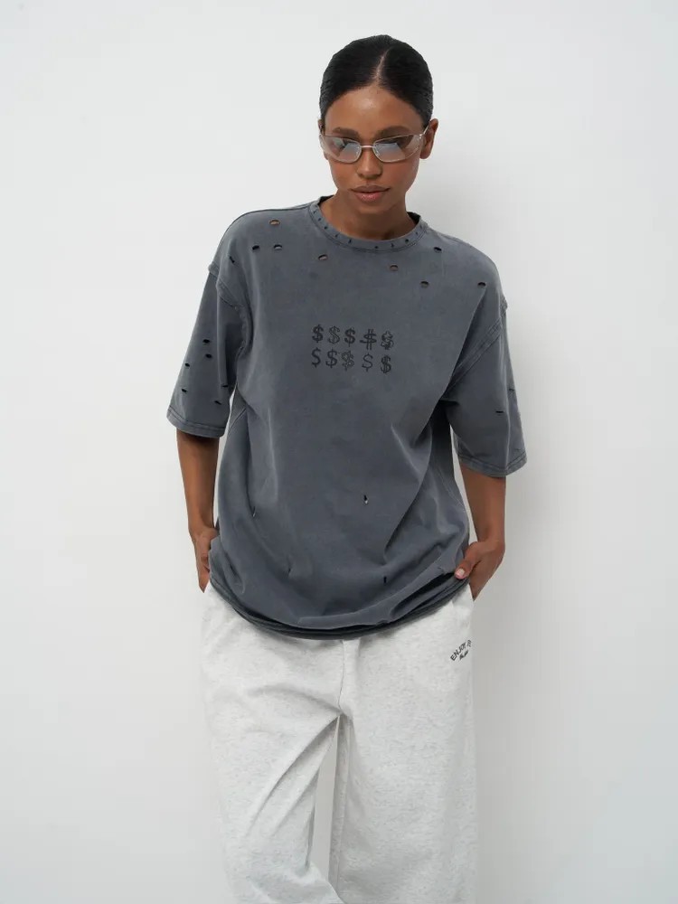 ジェンダーレスファッション ダメージ加工 ドル記号 ジェンダーレス Tシャツ